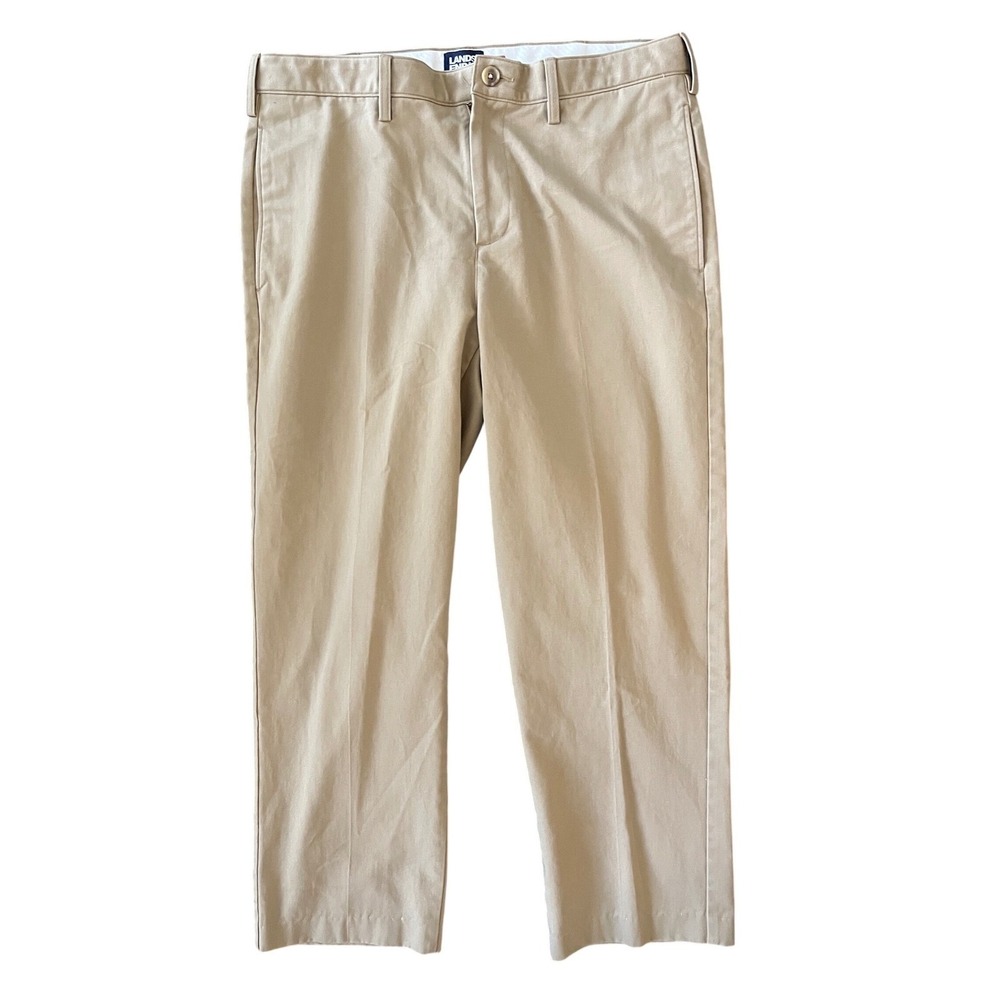 Lands End Mens 33 Traditional Fit Khaki‎ Chino Pants Tan Flat Front Cotton Twill